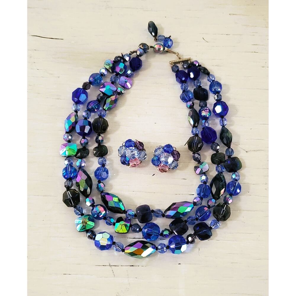 Vintage Mid-Century Blue Glass Triple Strand and Marvella Earrings